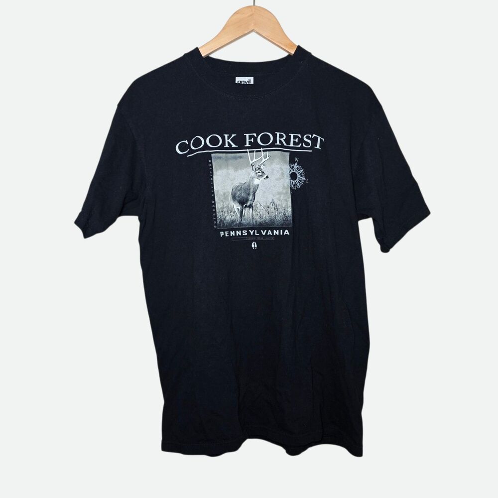 Vintage Anvil Cook Forest Pennsylvania T Shirt Mens Large L Black Buck Deer